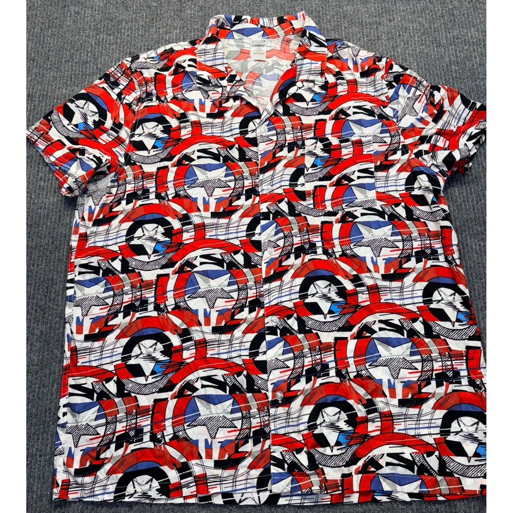 Marvel Captain America Shield Graphic Button Up Shirt Mens XL Short Sleeve Red